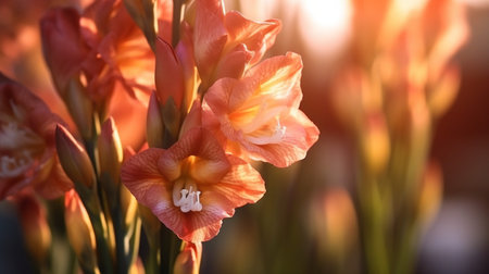 Gladioli flower beautifully bloomed with natural background. Created by Generative AI.の素材