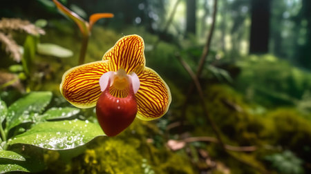 Ladys Slipper Orchid flower beautifully bloomed with natural background. Created by Generative AI.の素材