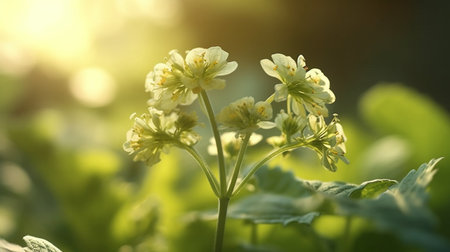 Ladys Mantle flower beautifully bloomed with natural background. Created by Generative AI.の素材