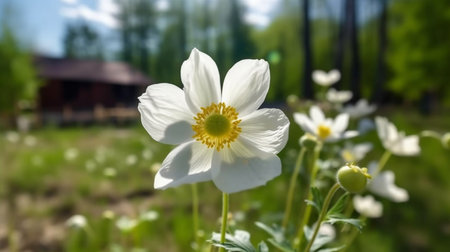Japanese Anemone flower beautifully bloomed with natural background. Created by Generative AI.の素材