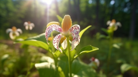 Japanese Toad Lily flower beautifully bloomed with natural background. Created by Generative AI.の素材