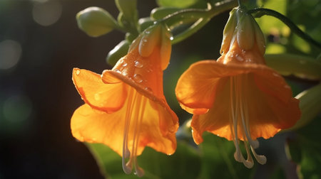Trumpet Vine Flower Beautifully Bloomed. Created by Generative AI Technology.の素材