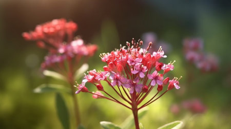 Red Valerian flower beautifully bloomed with natural background. Created by Generative AI.の素材