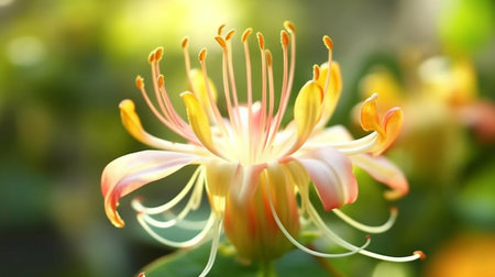 Sweetest Honeysuckle flower beautifully bloomed with natural background. Created by Generative AI.の素材