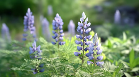 Silver Lupine flower beautifully bloomed with natural background. Created by Generative AI.の素材