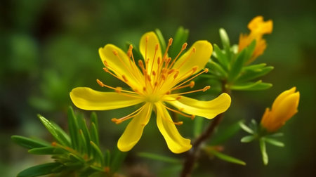 St. Johns Wort flower beautifully bloomed with natural background. Created by Generative AI.の素材