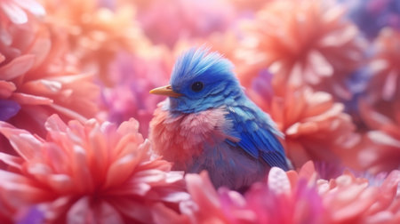 A bird with a blue head and red head sits on a pink flower. Created by Generative AI Toolsの素材
