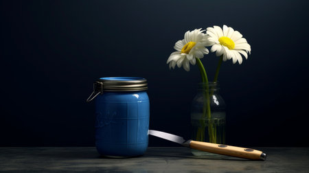 A blue jar with a flower inside of it and a knife next to it. Created by Generative AI Toolsの素材