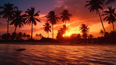 A beach at sunset with palm trees and a sunset in the background. Created by Generative AI Toolsの素材