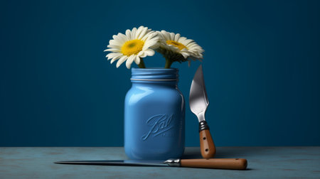A blue jar with a flower inside of it and a knife next to it. Created by Generative AI Toolsの素材