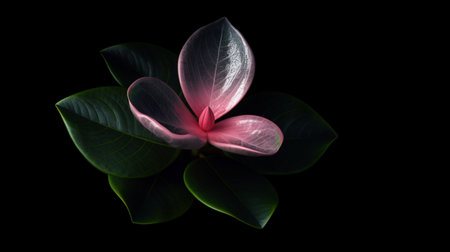 A black background with a pink flower and leaves. Created by Generative AI Toolsの素材