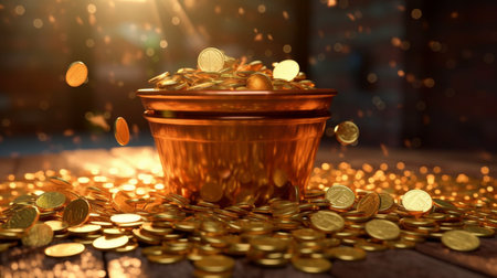 A bucket of coins is filled with gold coins. Created by Generative AI Toolsの素材