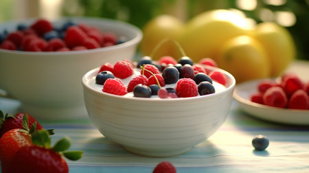 A bowl of fruit and a bowl of yogurt with berries on the table. Created by Generative AI Toolsの素材