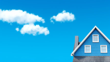 A blue house with a blue roof and a sky background. Created by Generative AI Toolsの素材