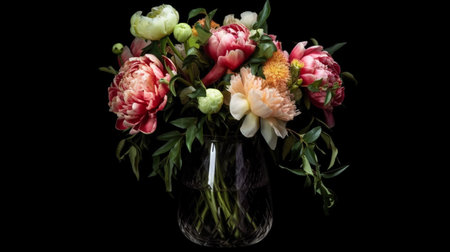 A bouquet of peonies on a dark background. Created by Generative AI Toolsの素材