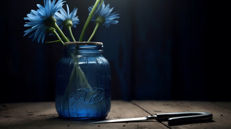 A blue jar with a flower inside of it and a knife next to it. Created by Generative AI Toolsの素材