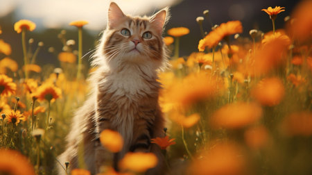 A cat in a field of flowers. Created by Generative AI Toolsの素材