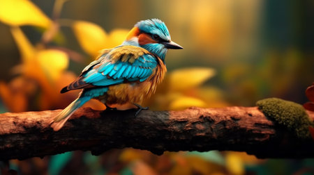 A colorful bird sits on a branch in the forest. Created by Generative AI Toolsの素材