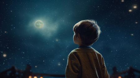 A boy looking at the moon in the night. Created by Generative AI Toolsの素材
