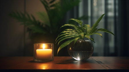 A candle and a plant on a table. Created by Generative AI Toolsの素材