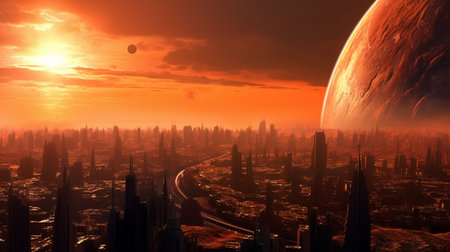 A cityscape with a planet in the middle and the sun shining on it. Created by Generative AI Toolsの素材
