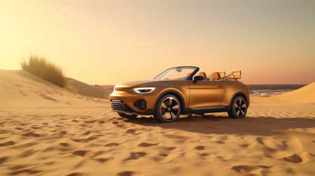 A brown car is parked on a beach. Created by Generative AI Toolsの素材