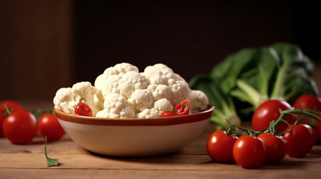 A bowl of cauliflower with red pepper on a wooden table. Created by Generative AI Toolsの素材