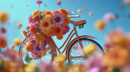 A colorful bicycle with a basket of flowers on it. Created by Generative AI Toolsの素材