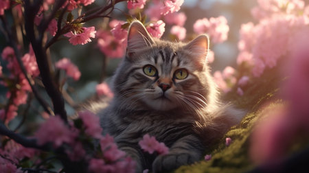 A cat laying in front of a tree with pink flowers. Created by Generative AI Toolsの素材