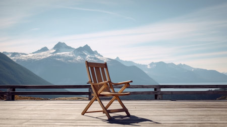 A chair on a deck with a mountain in the background. Created by Generative AI Toolsの素材