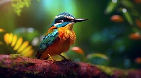 A colorful bird sits on a branch in the forest. Created by Generative AI Toolsの素材