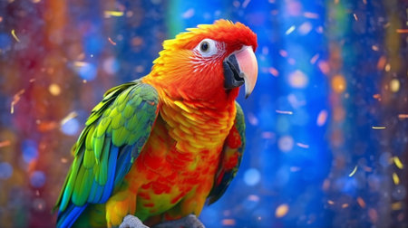 A colorful parrot with a red and yellow tail is sitting on a colorful background. Created by Generative AI Toolsの素材