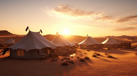 A desert camp with tents and a sunset in the background. Created by Generative AI Toolsの素材