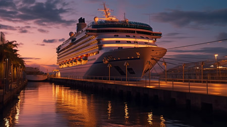 A cruise ship is docked at a dock at sunset. Created by Generative AI Toolsの素材