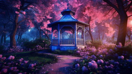 A forest scene with a blue gazebo and pink flowers. Created by Generative AI Toolsの素材