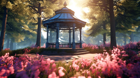 A forest scene with a blue gazebo and pink flowers. Created by Generative AI Toolsの素材