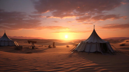 A desert camp with tents and a sunset in the background. Created by Generative AI Toolsの素材