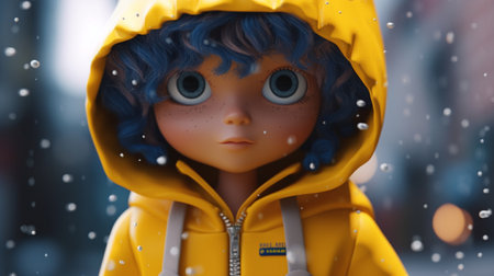 A doll with big blue eyes and a yellow jacket. Created by Generative AI Toolsの素材