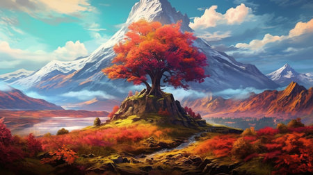 A digital painting of a mountain with a colorful tree in the foreground. Created by Generative AI Toolsの素材