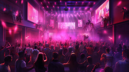 A crowd of people are gathered in a club with a pink and purple light. Created by Generative AI Toolsの素材