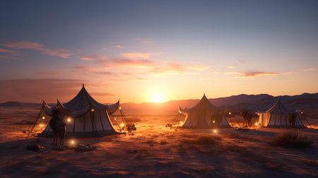 A desert camp with tents and a sunset in the background. Created by Generative AI Toolsの素材