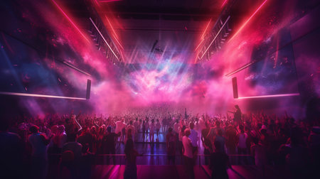 A crowd of people are gathered in a club with a pink and purple light. Created by Generative AI Toolsの素材