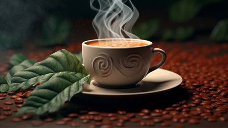 A cup of coffee with a leaf design on it. Created by Generative AI Toolsの素材