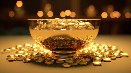 A glass bowl with gold coins inside. Created by Generative AI Toolsの素材