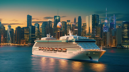 A cruise ship in front of a city skyline with a skyscraper in the background. Created by Generative AI Toolsの素材