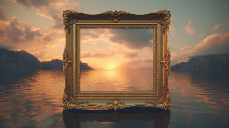 A gold frame with a sunset in the background. Created by Generative AI Toolsの素材