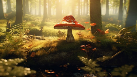 A forest scene with a mushroom and a sunbeam. Created by Generative AI Toolsの素材