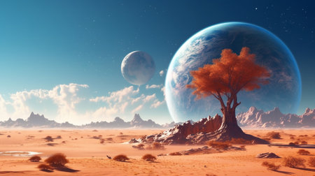 A desert with a tree and a planet. Created by Generative AI Toolsの素材
