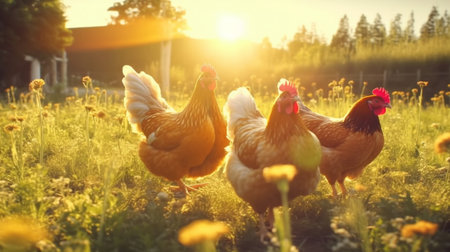 A group of chickens in a field with the sun shining on them. Created by Generative AI Toolsの素材