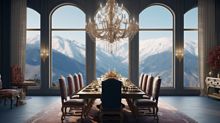 A dining room with a large chandelier and a large window with a view of the mountains. Created by Generative AI Toolsの素材